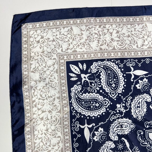 NEW Blue Ivory Paisley Floral Printed Square Silky Scarf Wrap - Picture 9 of 11